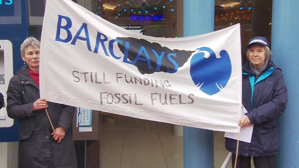 Anti-war and environmental groups protest outside Barclays bank