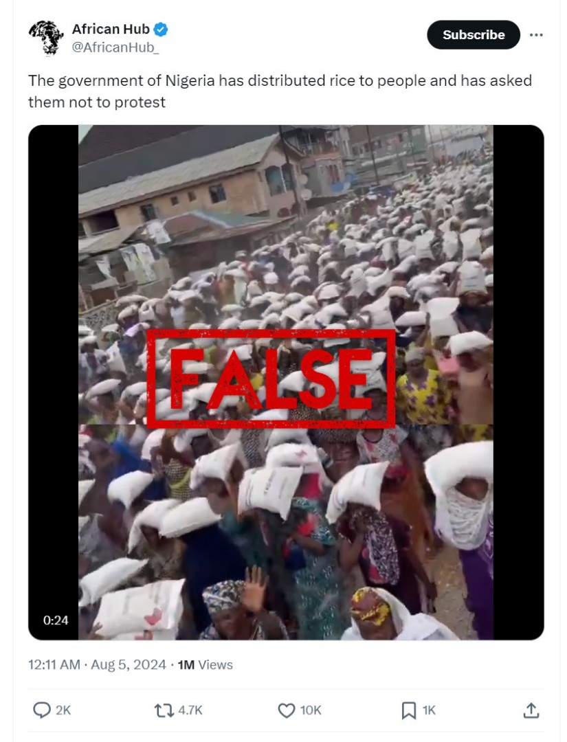 Video of Nigerians receiving rice donations is old and unrelated to protests
