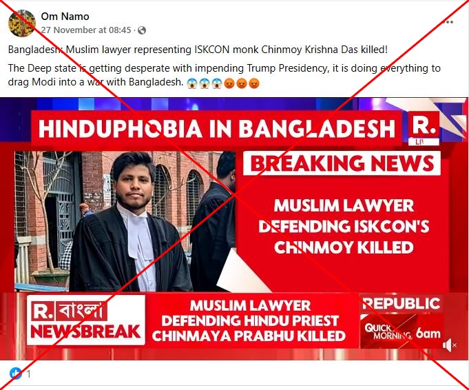 Muslim lawyer killed in Bangladesh violence was not part of arrested Hindu monk’s legal team